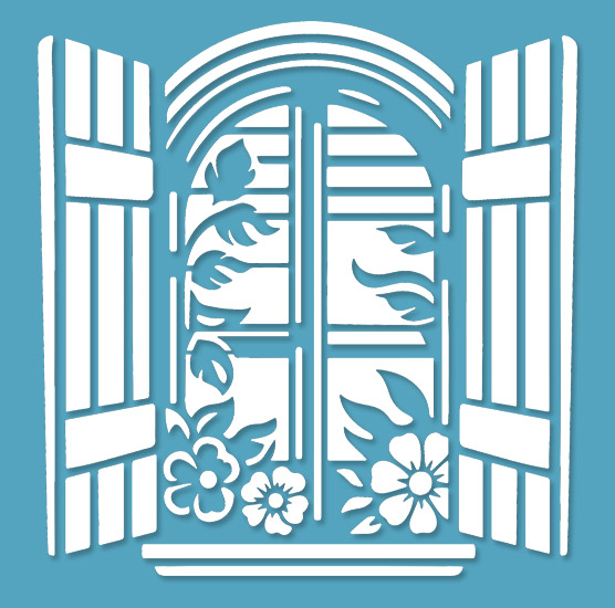 Pochoir Adhésif 22 x 22 cm Fenêtre, Volets, Plantes & Fleurs