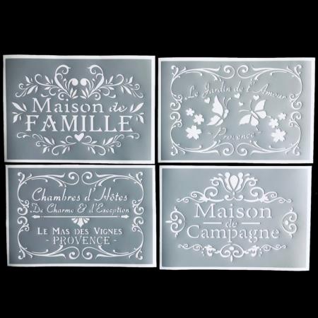 Ensemble de 4 Pochoirs Adhésifs 30 x 20 cm Famille, Amour, Provence & Campagne