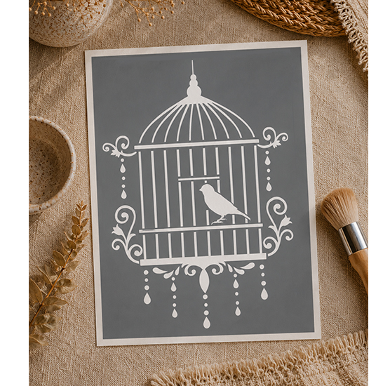 Pochoir Adhésif Cage & Petit Oiseau 30x20 cm – Style Vintage Campagne Chic