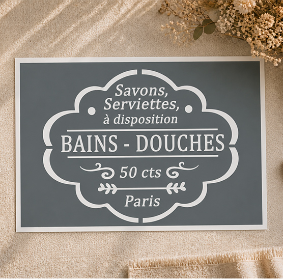 Pochoir adhésif vintage "Bains & Douches – Savons Serviettes Paris" – déco salle de bain 30x20 cm