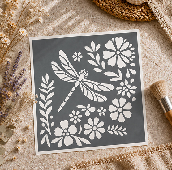 Pochoir Adhésif Libellule & Fleurs 20x20 cm – Motif Nature Chic pour Décoration DIY