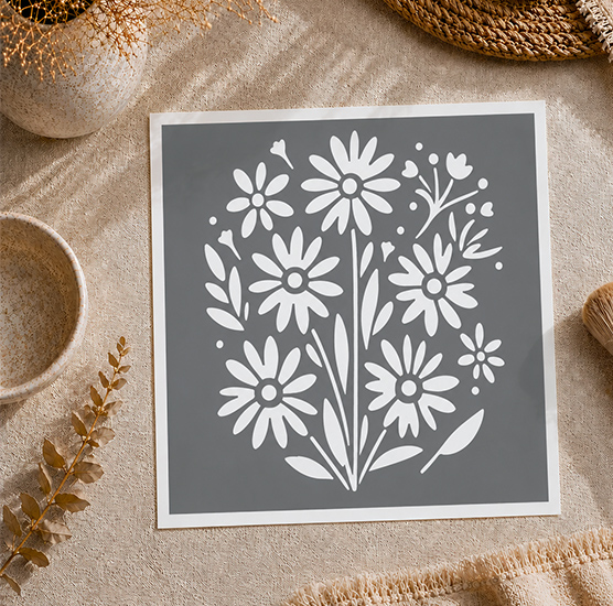 Pochoir Adhésif Marguerites Champêtres 20x20 cm – Motif Floral Bohème