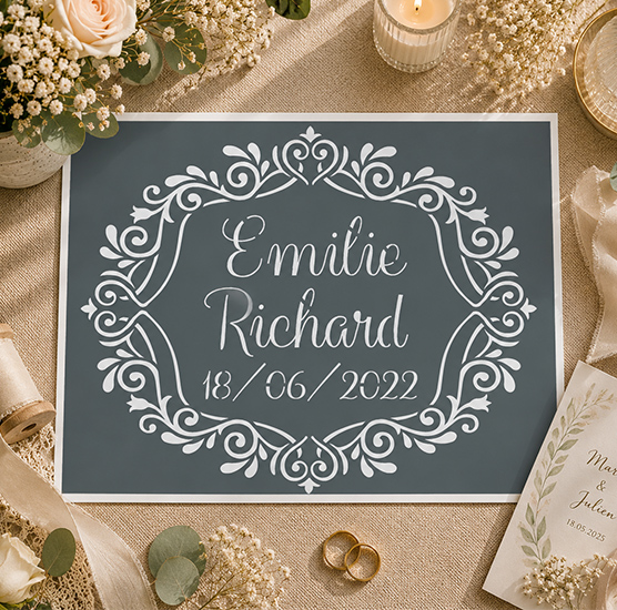 Pochoir Médaillon Mariage Personnalisable 25x20 cm – Pochoir Adhésif Réutilisable avec 2 Prénoms & Date