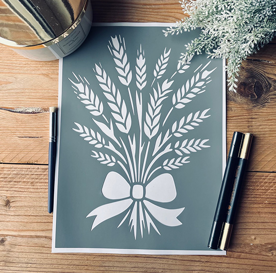 Pochoir Adhésif Style Nature en PVC, Motif Bouquet Epis de Blés & Noeud 30 x 20 cm