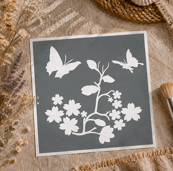 Pochoir Adhésif Branche Sakura & Papillons 20x20 cm – Déco Florale et Esprit Japonais