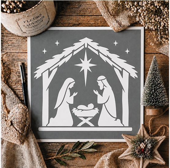 Pochoir Adhésif Crèche de Noël 20x20 cm – Motif Nativité, Marie, Joseph et Jésus