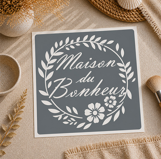 Pochoir Couronne Fleurie Maison du Bonheur 20x20 cm – Décoration Murale Campagne Chic