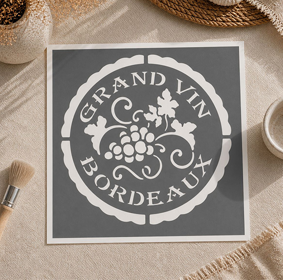 Pochoir Adhésif Médaillon Grand Vin de Bordeaux Vigne Raisins 20x20 cm Pochoir Déco Cave à Vin DIY