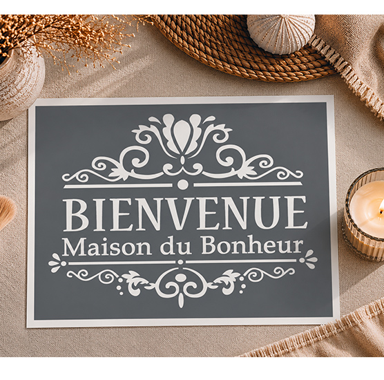 Pochoir Médaillon Bienvenue Vintage 30x20 cm – Décoration Maison Chaleureuse Réutilisable