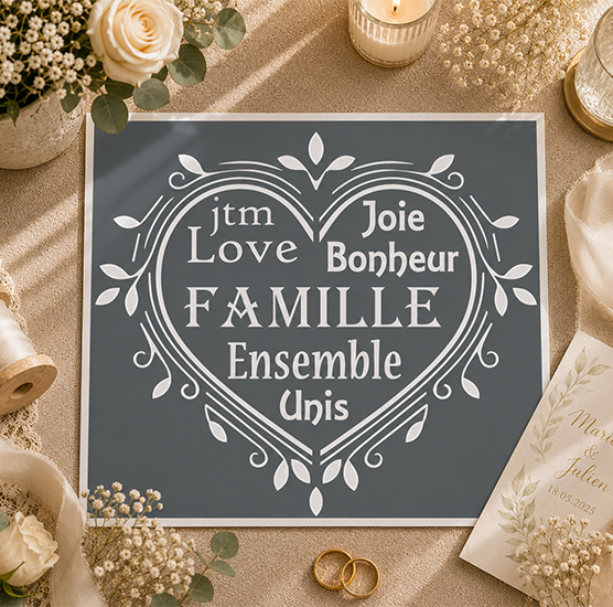 Pochoir Cœur Lettrage Famille 25x20 cm – Pochoir Adhésif Réutilisable Décoration Maison Multi Support