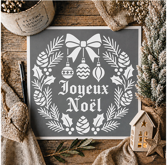 Pochoir Adhésif Joyeux Noël 20x20 cm – Sapin, Houx et Pommes de Pin, Déco de Noël