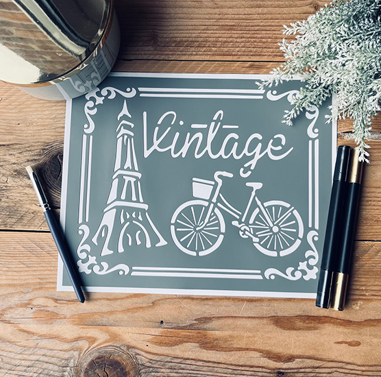 Pochoir Adhésif Style Vintage en PVC, Motif Vélo & Tour Eiffel, 25 x 20 cm