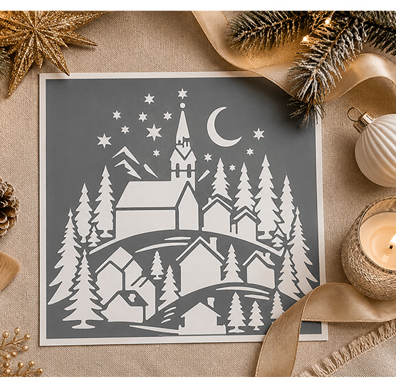 Pochoir Adhésif Village de Noël Montagne 20x20 cm – Décoration Hivernale