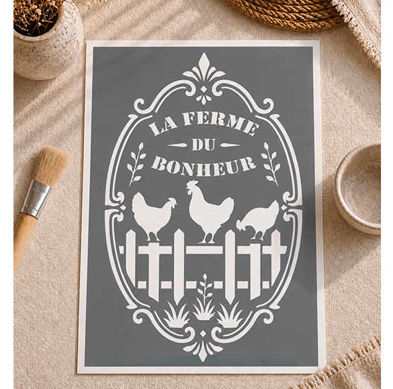 Pochoir La Ferme du Bonheur 30x20 cm – Pochoir Champêtre Vintage Déco Campagne Chic