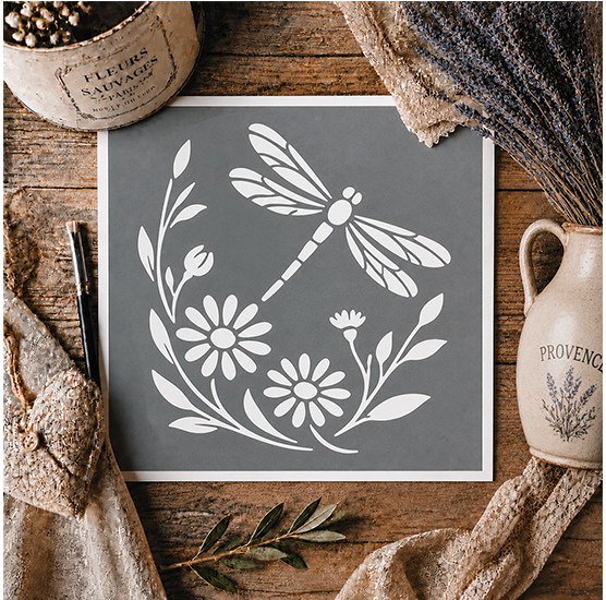 Pochoir Adhésif Libellule et Fleurs Provençales 20x20 cm – Déco Nature et Esprit Provence