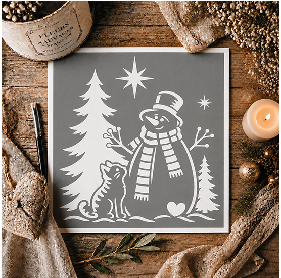 Pochoir Adhésif Bonhomme de Neige 20x20 cm – Chat, Sapins et Étoiles, Décoration de Noël