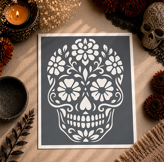 Pochoir Tête de Mort Mexicaine Calavera 25x20 cm – Stencil Adhésif Réutilisable