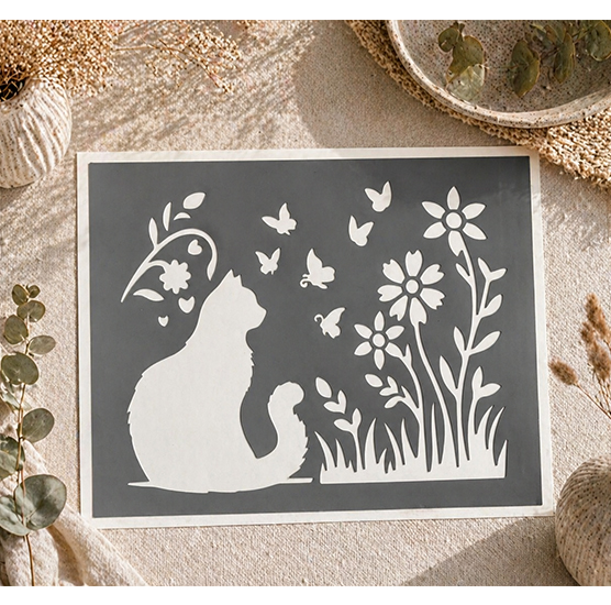 Pochoir Silhouette Chat & Fleurs 25x20 cm – Style Animal Bohème DIY