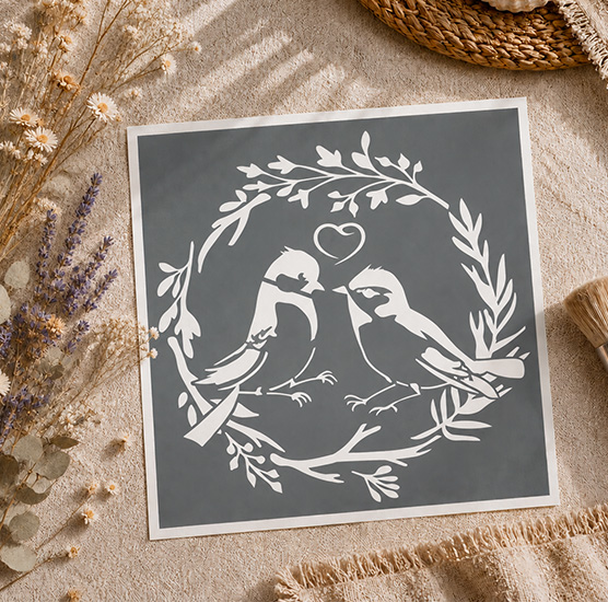 Pochoir Adhésif Couple Oiseaux Romantiques 20x20 cm – Déco Nature Vintage