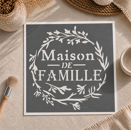 Pochoir Couronne Nature Maison de Famille 20x20 cm – Décoration Campagne Chic Réutilisable