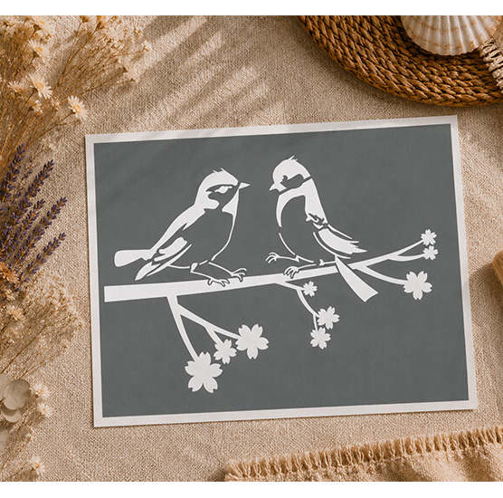 Pochoir Deux Oiseaux sur Branche Fleurie 25x20 cm – Décoration Nature, Jardin et Zen