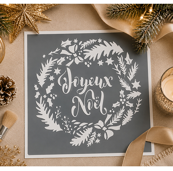 Pochoir Adhésif Joyeux Noël Couronne Festive 20x20 cm – Déco DIY Noël