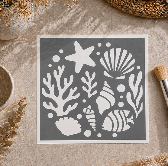 Pochoir Mer et Coquillages 20x20 cm – Coraux et Étoile de Mer Déco Bord de Mer