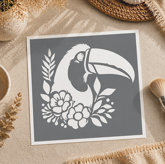 Pochoir Adhésif Toucan Boho 20x20 cm – Motif Tropical Floral pour Décoration DIY