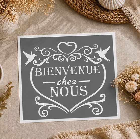 Pochoir Adhésif Cœur Bienvenue Chez Nous 25x20 cm – Maison Chaleureuse