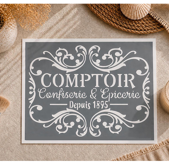 Pochoir Épicerie Vintage Comptoir Confiserie 30x20 cm – Pochoir Adhésif Réutilisable Déco Cuisine Rétro