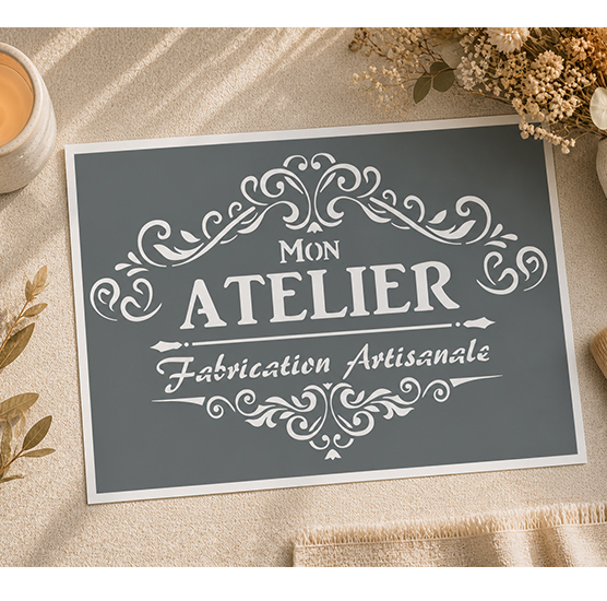 Pochoir Adhésif Mon Atelier Fabrication Artisanale Vintage 30x20 cm Décoration Atelier Meuble DIY