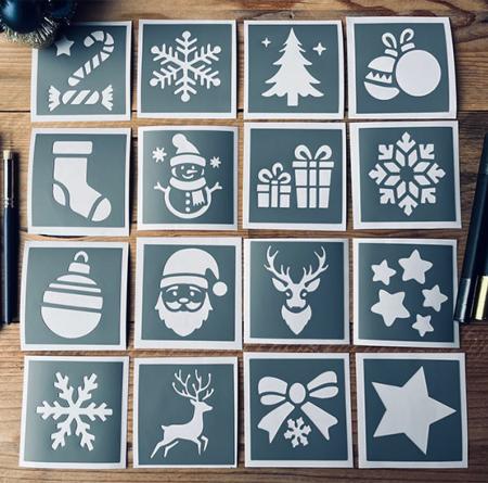 Lot de 16 Mini Pochoirs Adhésifs PVC, Motif Décorations de Noël, 8 x 8 cm.
