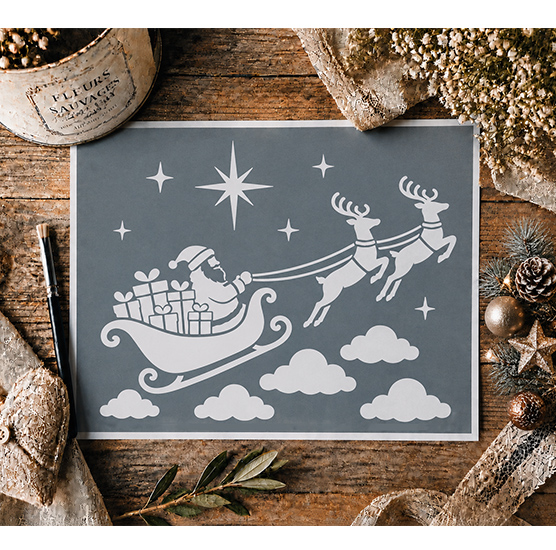 Pochoir Adhésif Père Noël Traîneau & Rennes 30x20 cm – Cadeaux, Étoiles et Déco de Noël