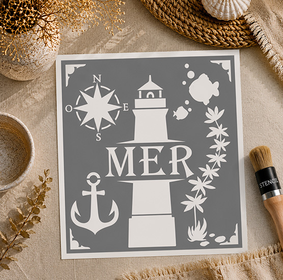 Pochoir Adhésif Bord de Mer 25x20 cm – Phare Marin, Ancre et Rose des Vents