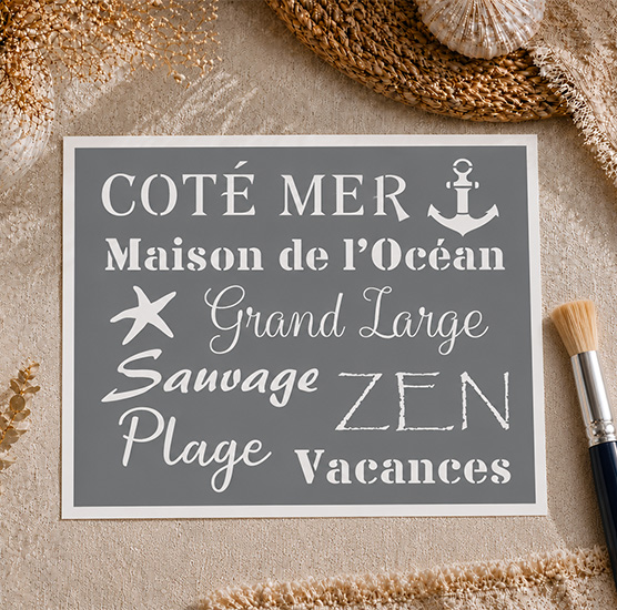 Pochoir Adhésif Textes Esprit Bord de Mer 25x20 cm – Déco Plage & Vacances