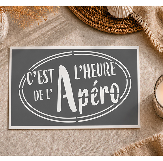 Pochoir Apéro Vintage 30x20 cm – C’est l’Heure de l’Apéro Déco Bar Cuisine Réutilisable