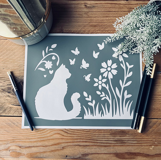 Pochoir Adhésif Style Animaux en PVC, Motif Silhouette Chat & Fleurs, 25 x 20 cm