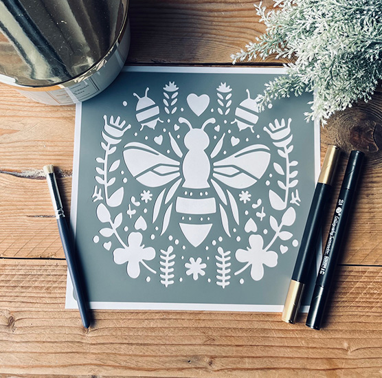 Pochoir Adhésif Style Nature en PVC, Motif Abeilles & Petites Fleurs, 20 x 20 cm