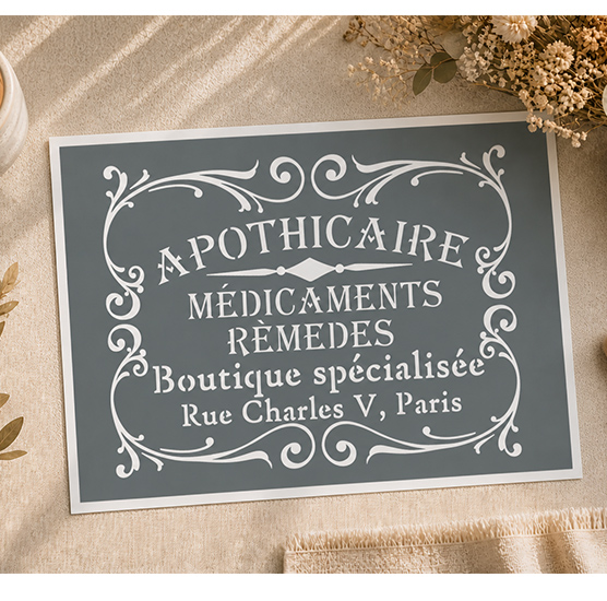 Pochoir Adhésif Apothicaire Médicaments & Remèdes Paris 30x20 cm Décoration Pharmacie Vintage