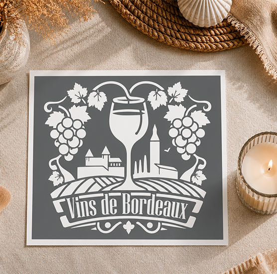 Pochoir Vins de Bordeaux 25x20 cm – Vignes, Paysage & Verre de Vin Déco Cave à Vin Vintage Réutilisable