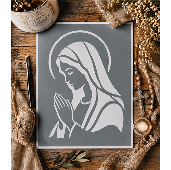 Pochoir Adhésif Femme en Prière 25x20 cm – Motif Chrétien avec Auréole
