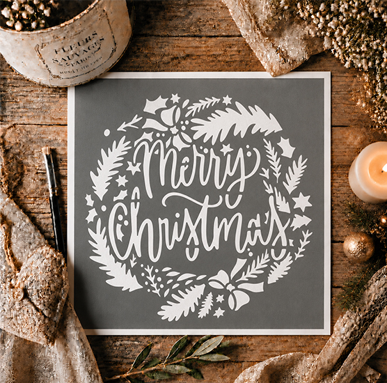 Pochoir Adhésif Merry Christmas Couronne de Noël 20x20 cm – Stencil Noël Réutilisable