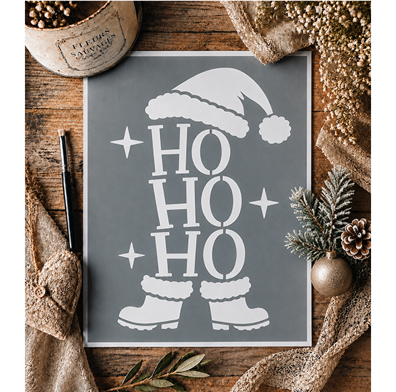 Pochoir Adhésif HO HO HO 25x18 cm – Père Noël, Bonnet, Bottes et Étoiles