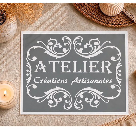 Pochoir Adhésif Médaillon Atelier Vintage 30x20 cm – Pochoir Atelier Créatif Réutilisable Déco Rétro