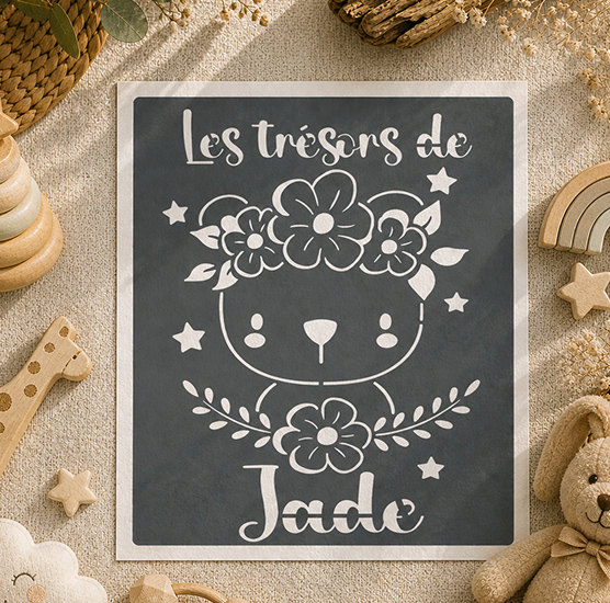 Pochoir Ourson Fleuri Personnalisé 20x18 cm “Les Trésors de” avec Prénom Tote Bag et Multi-Support