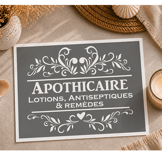 Pochoir Adhésif Apothicaire Vintage – Lotions Antiseptiques & Remèdes Collection Ancienne 30x20 cm