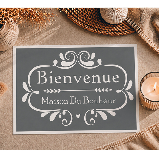 Pochoir Adhésif Affiche Bienvenue Maison du Bonheur 30x20 cm – Déco Vintage Chaleureuse