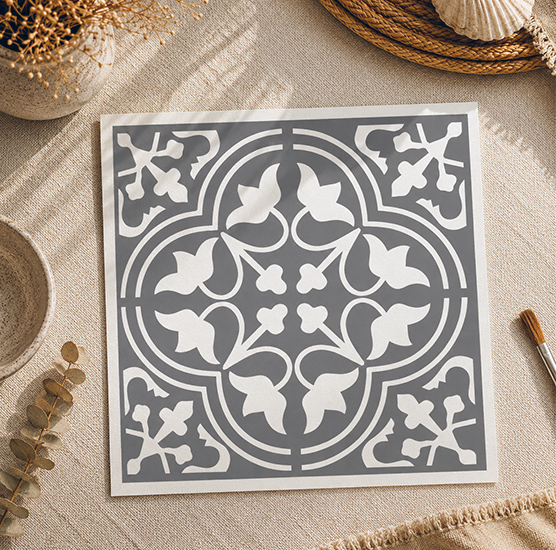 Pochoir Adhésif Carreau Ciment Fleur Arabesque 20x20 cm – Décoration Vintage Élégante