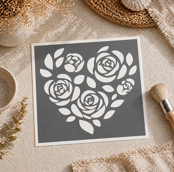 Pochoir Cœur Roses 20x18 cm – Pochoir Floral Romantique Adhésif Réutilisable Motif Fleurs de Roses