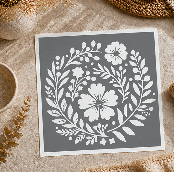 Pochoir Adhésif Couronne Florale 20x20 cm – Motif Bohème et Nature pour Décoration DIY